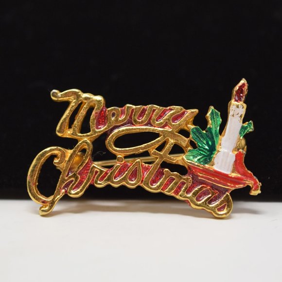 Merry Christmas Brooch Candle Goldtone Holiday Retro Festive Pin Party Office - Picture 1 of 8